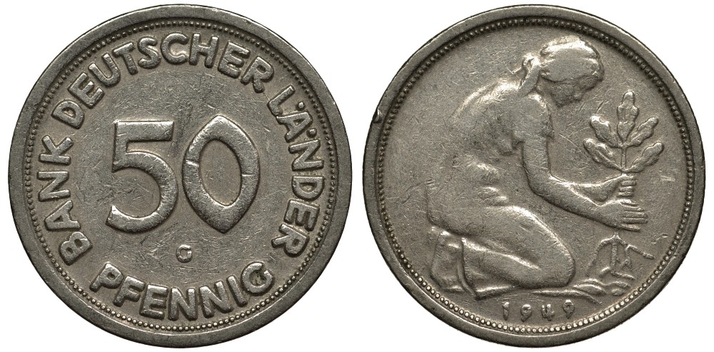 ФРГ 50 пфеннигов 1949 G, монетный двор Карлсруэ KM 104, J. 379 медно-никель 186-831