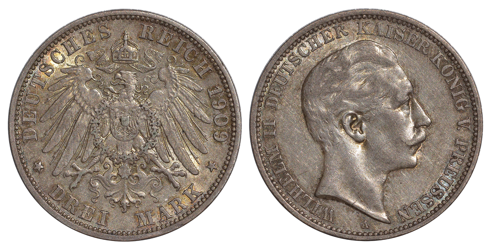 Пруссия 3 марки 1909 Вильгельм II (1888-1918) KM 527, J. 103 серебро    413-632