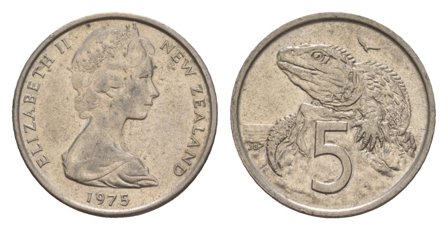 Новая Зеландия 5 центов 1975 Елизавета II (1952-2022), ящерица гаттерия KM 34.1 медно-никель 4655-1157