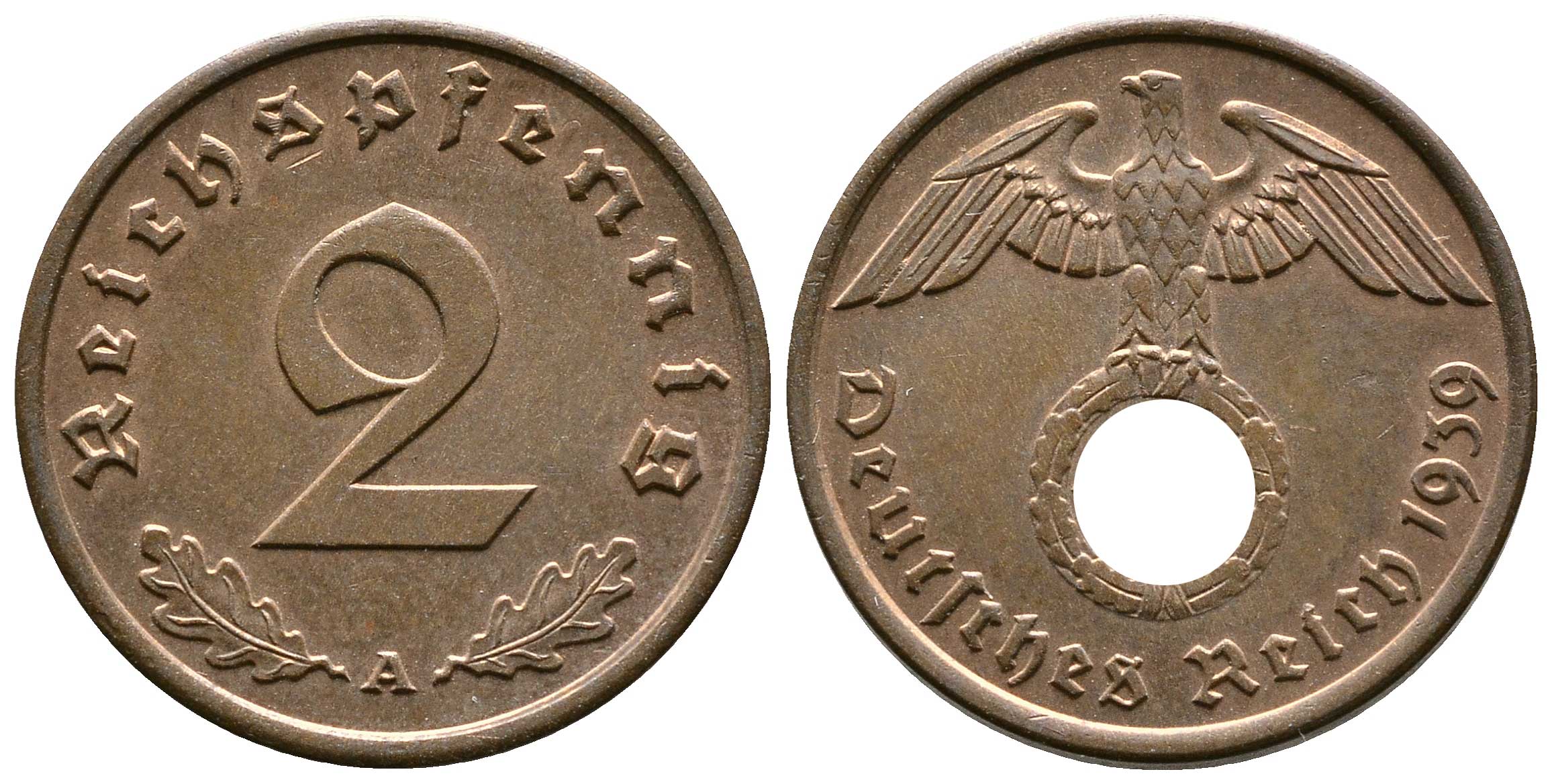 Германия 2 рейхспфеннига 1939 A KM 90, J. 362 бронза 220-568
