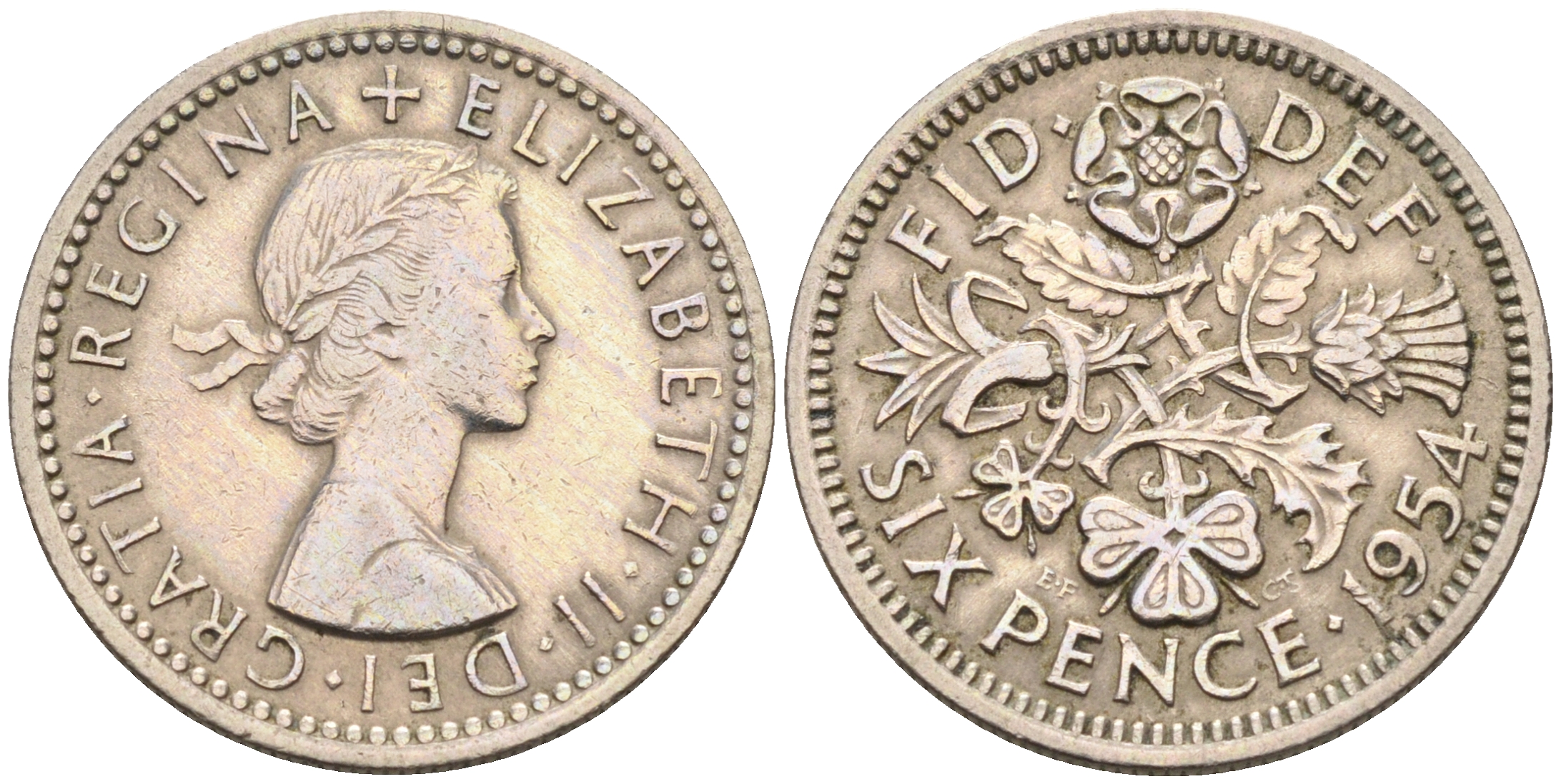 Великобритания 6 пенсов 1954 Елизавета II (1952-2022) KM 903, Spink 4149 медно-никель 4588-522