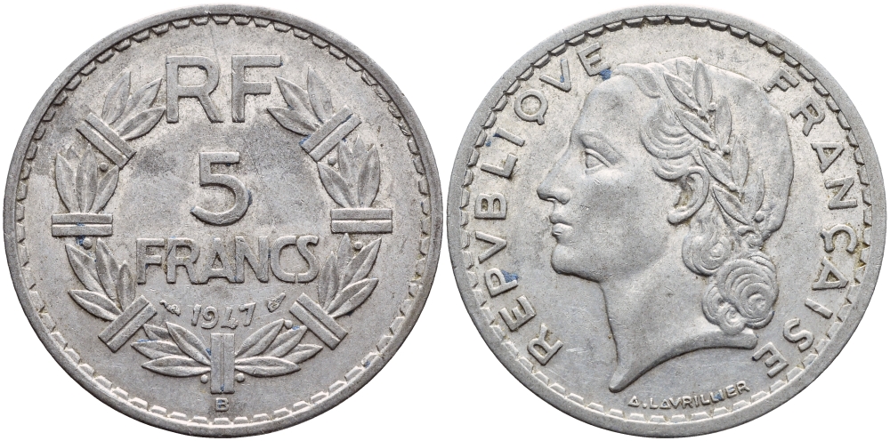 Франция 5 франков 1947 B, открытая 9, тип Лаврийе KM 888b.2, Le Franc 339.11 алюминий 4526-514