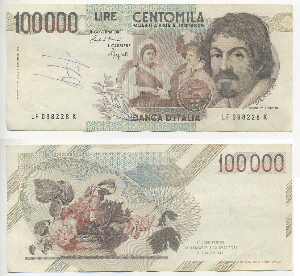 Италия 100000 лир 1983 Караваджо, фруктовый букет, подпись Stevani Pick 110а бумага 7220-1-2