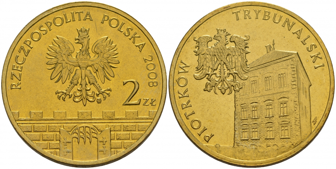 Польша 2 злотых 2008 серия города Польши, Петркув-Трыбунальский KM 628 латунь UNC M4-12