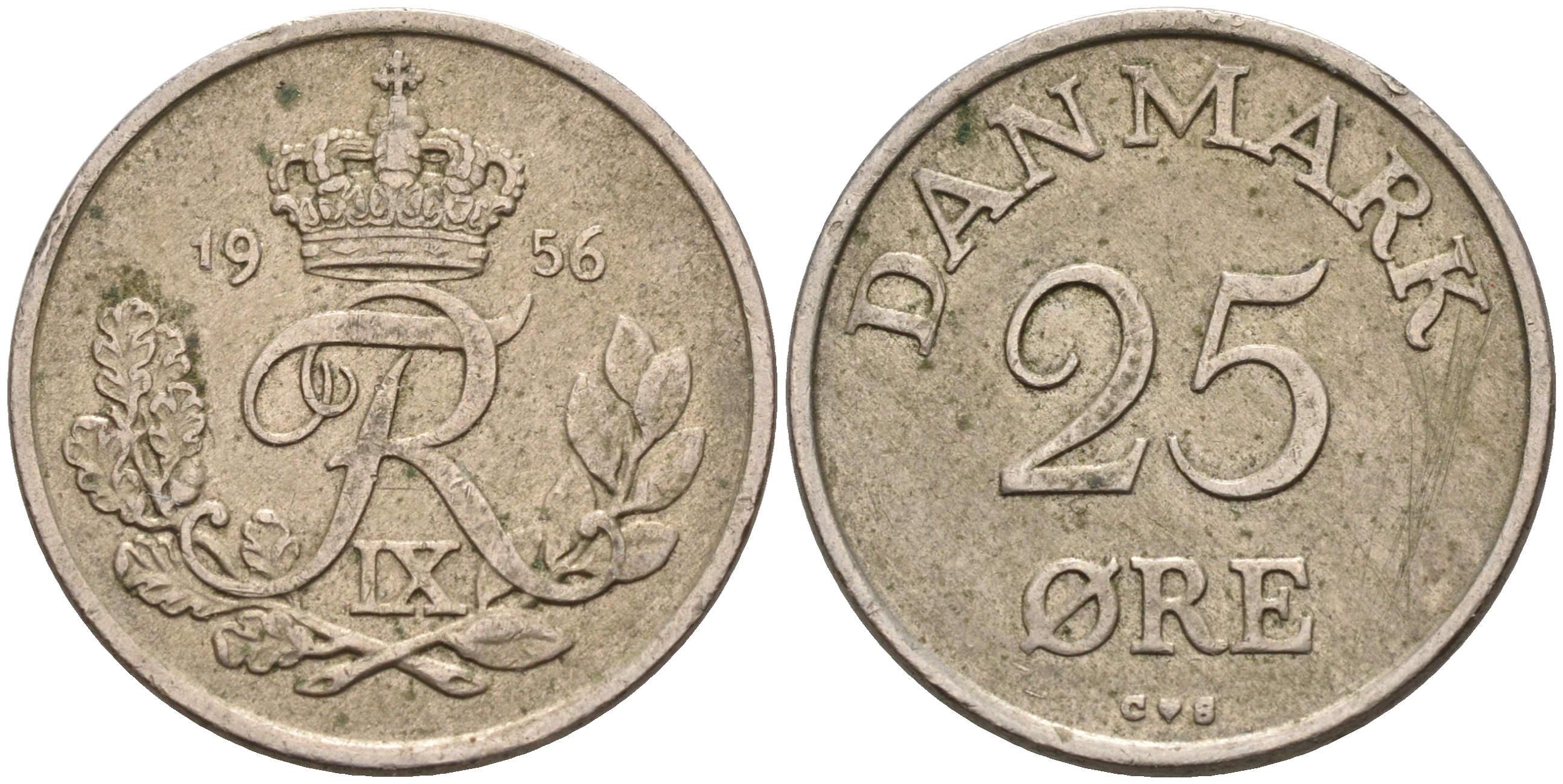 ДАНИЯ 25 ЭРЕ 1956 С; S, ФРЕДЕРИК IX (1947-1972) KM 842.2 медно-никель 4566-526
