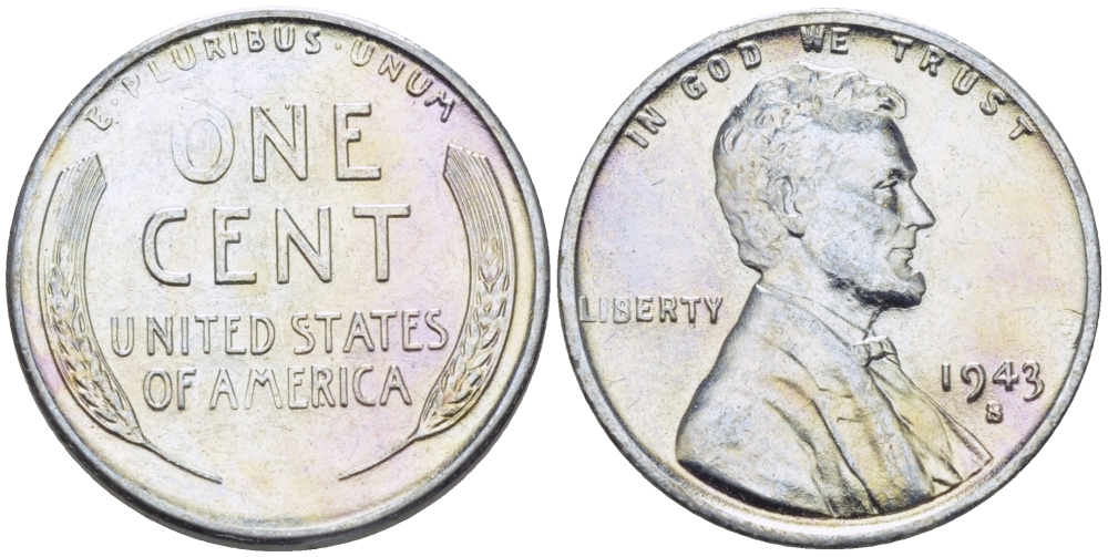 США 1 цент 1943 S (Сан-Франциско), Авраам Линкольн KM 132 a сталь плакированная цинком 39-134