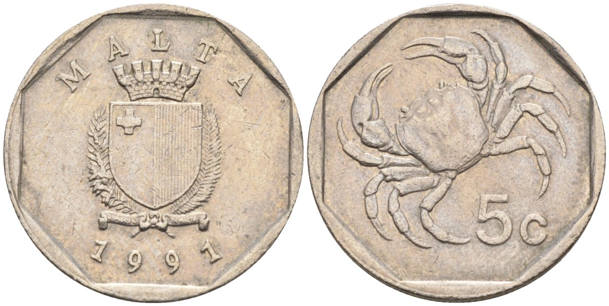 Мальта 5 центов 1991 краб KM 95 медно-никель 4547-1219