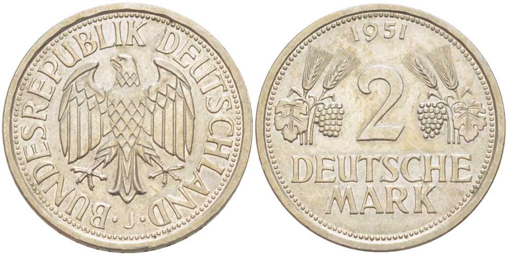 ФРГ 2 марки 1951 J J.386 KM 111 медно-никель плакированный никелем 23-554