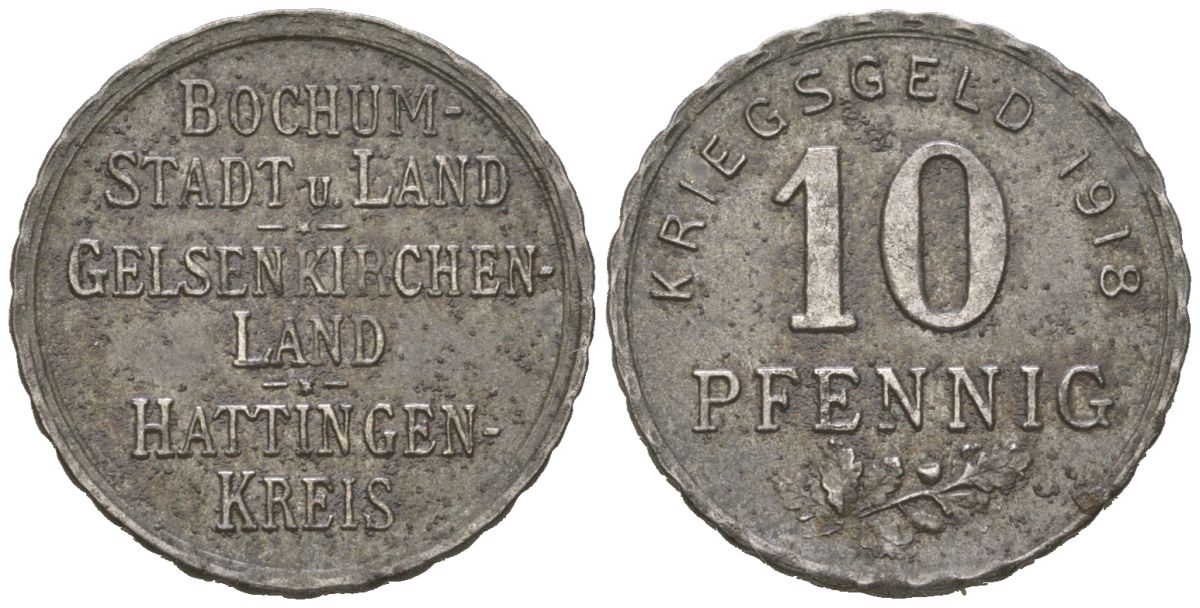 Бохум, Гельзенкирхен, Хаттинген 10 пфеннигов 1918 Funck 49.1, Men05 3022.1, Men18 3860.1 железо 4617-244