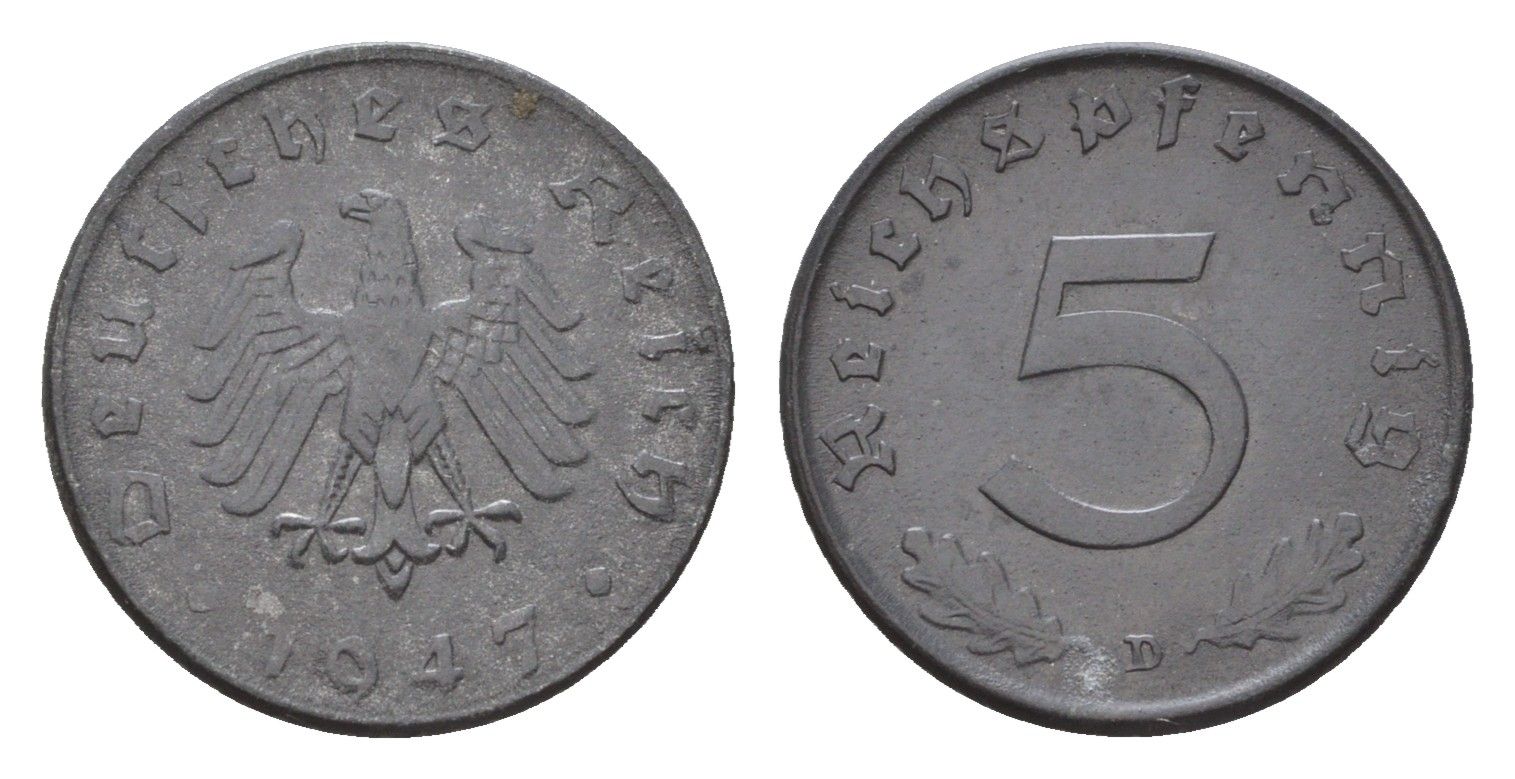 Германия 5 рейхспфеннигов 1947 D KM A105 цинк 1520-1524