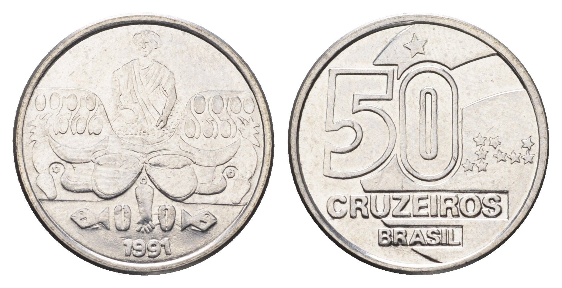 Бразилия 50 крузейро 1991 KM 620 нержавеющая сталь 4663-555