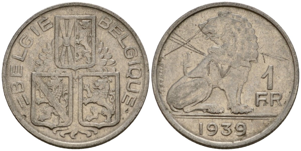 Бельгия 1 франк 1939 Belgie - Belgique KM 120 никель 217-434