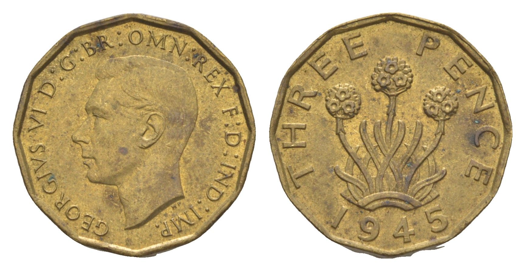 Великобритания 3 пенса 1945 Георг VI (1936-1952) KM 849, Spink 4112 никель латунь UNC 73-1053