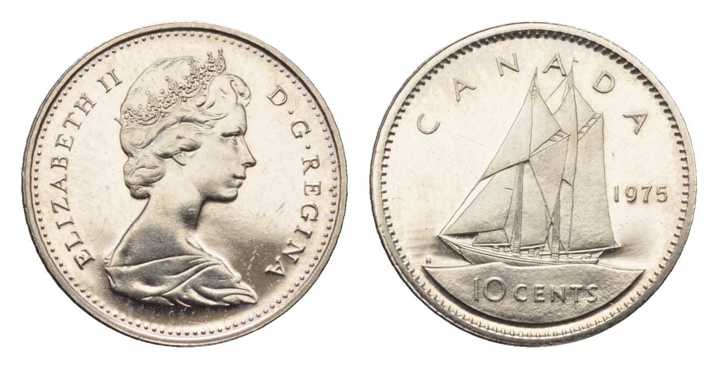 Канада 10 центов 1975 Елизавета II (1952-2022), парусник KM 77 никель PROOF-LIKE (BU) 413-3613