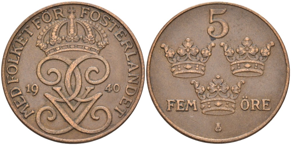 Швеция 5 эре 1940 Густав V (1907-1950), serif 4 KM 779.2 бронза 4557-643