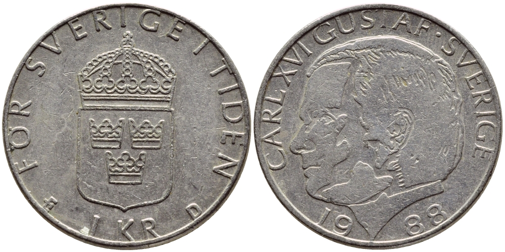 Швеция 1 крона 1988 Карл XVI Густав (1973- ) KM 852a медно-никель 4397-1227