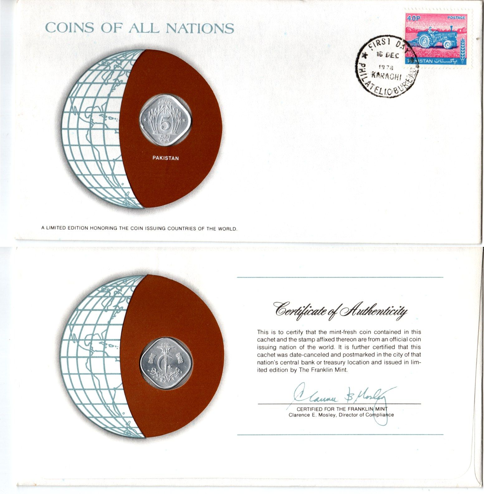 Пакистан 5 пайс 1980 конверт с маркой первого дня гашения, Coins of Nations KM 35 алюминий UNC 4295-19-3