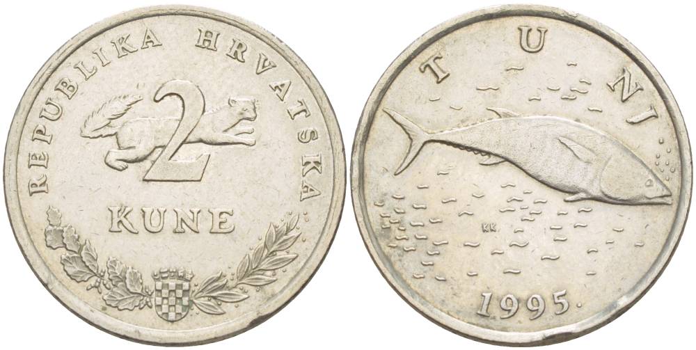 Хорватия 2 куны 1995 тунец, легенда на хорватском KM 10 медно-никель 4551-711