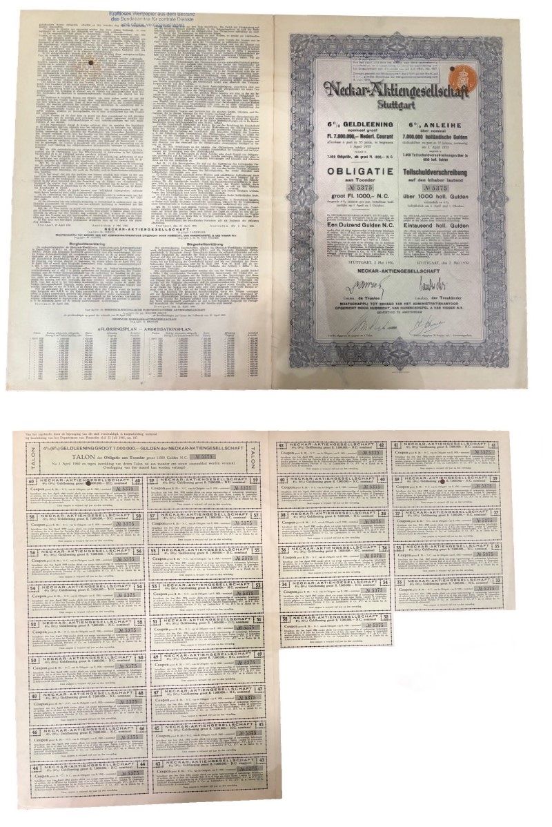 Германия облигация на 1000 гульденов, 6% годовых 1930 компании Neckar-Aktiengesellschaft. Корпоративная облигация, документ, подтверждающий заём c листом купонов от акций бумага 5555-9