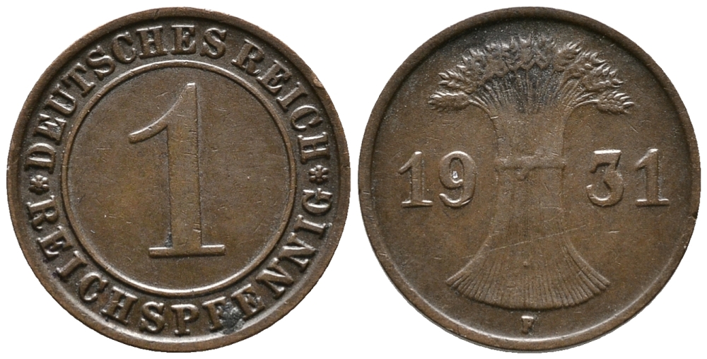 ГЕРМАНИЯ 1 РЕЙХСПФЕННИГ 1931 F KM 37, J. 313 бронза 39-1051