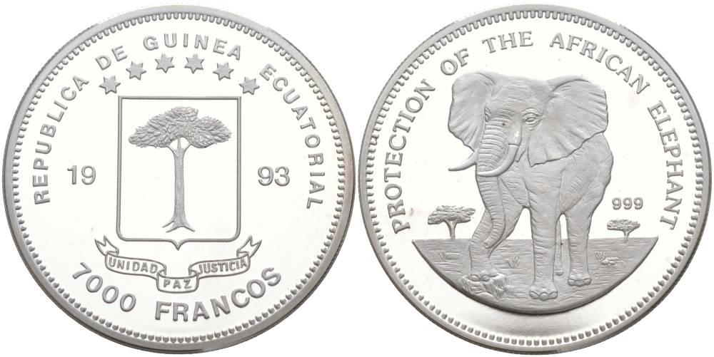 Экваториальная Гвинея 7000 франков 1993 серия защита исчезающих видов животных, слоны KM 77 серебро PROOF 1091-3-62