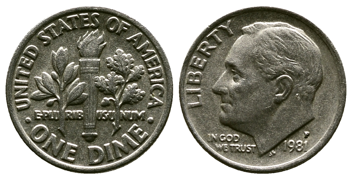 США 10 ЦЕНТОВ = 1 ДАЙМ 1981 P, РУЗВЕЛЬТ KM 195а медь плакированная медно-никелем 57-1215