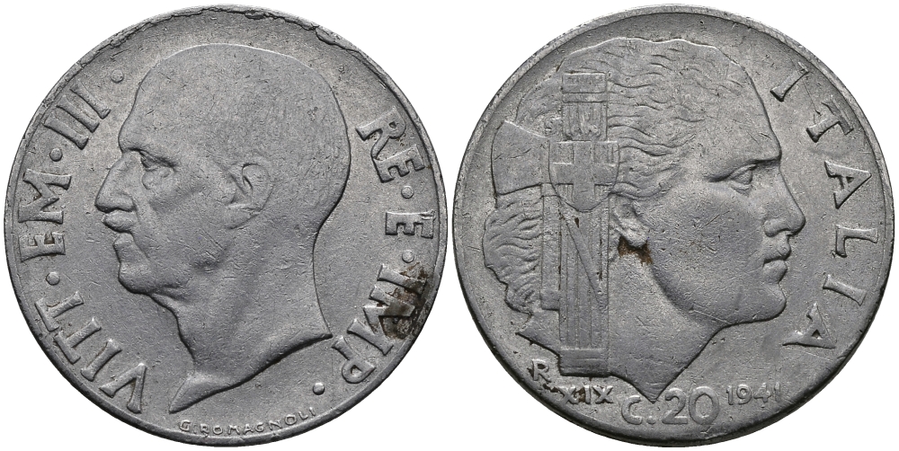 ИТАЛИЯ 20 ЧЕНТЕЗИМО 1941 R, ВИКТОР ИМАНУИЛ, XIX ГОД KM 75b нержавеющая сталь 98-134
