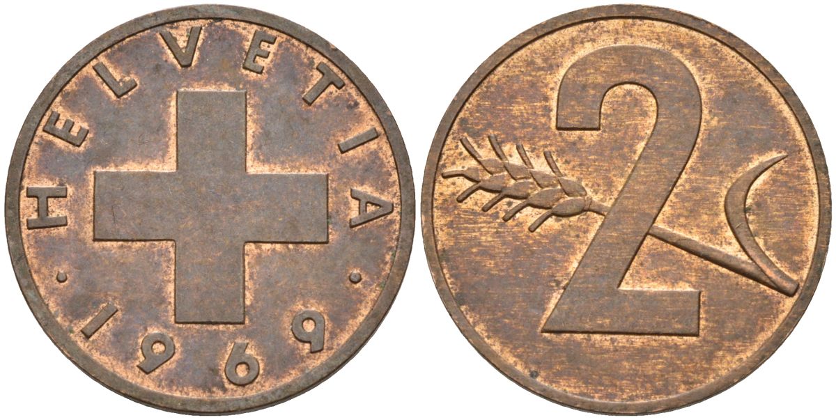 Швейцария 2 раппена 1969 KM 47 бронза 4529-941