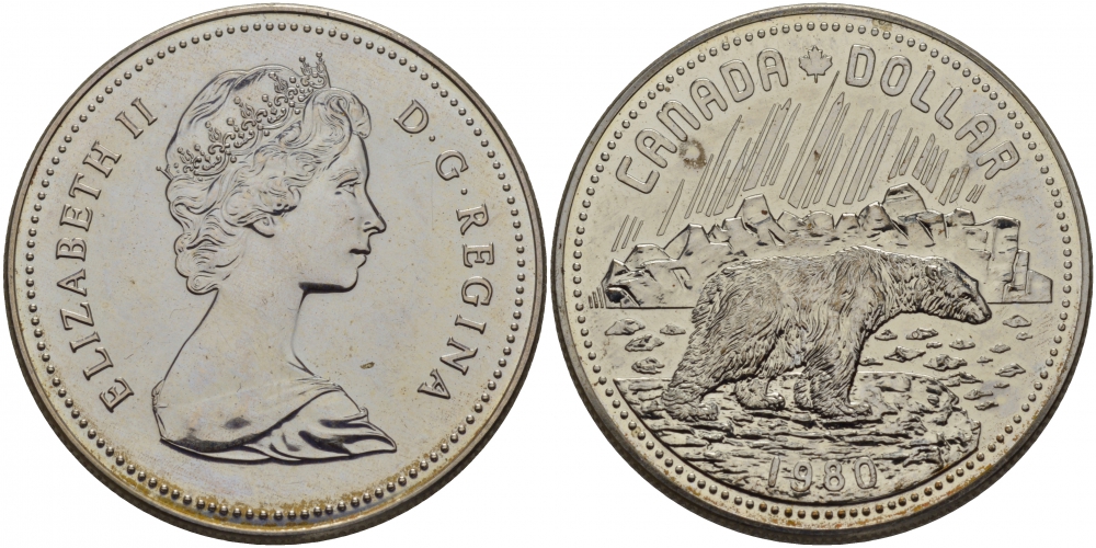 Канада 1 доллар 1980 Арктические территории, полярный медведь KM 128 серебро UNC 1077-9-14