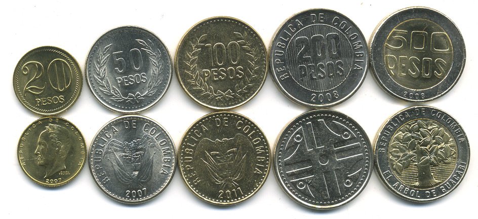 Колумбия лот из 5 монет 2007-2011 20, 50, 100, 200, 500 песо UNC N2-46
