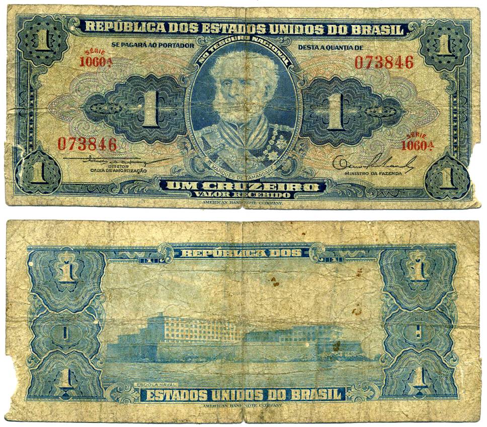 БРАЗИЛИЯ 1 КРУЗЕЙРО 1954-1958 СЕРИЯ 1060А, ПОДПИСЬ 2 Pick 150а бумага F 7220-49-2-1