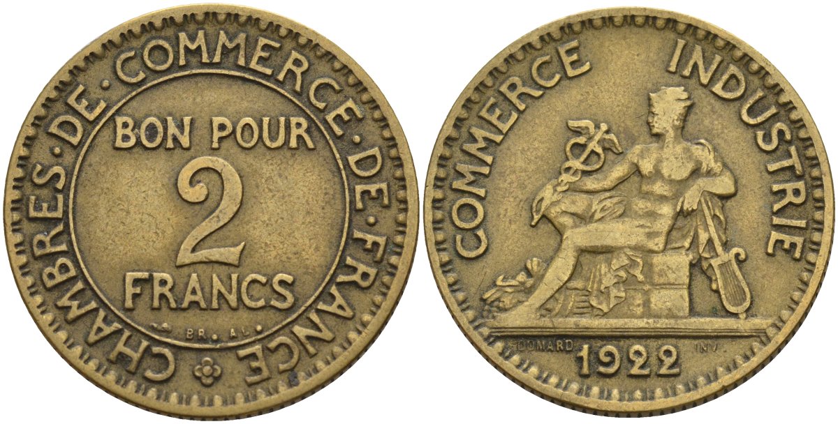 Франция 2 франка 1922 Третья республика (1871-1940) KM 877, Le Franc 267.7 алюминиевая бронза 4144-244