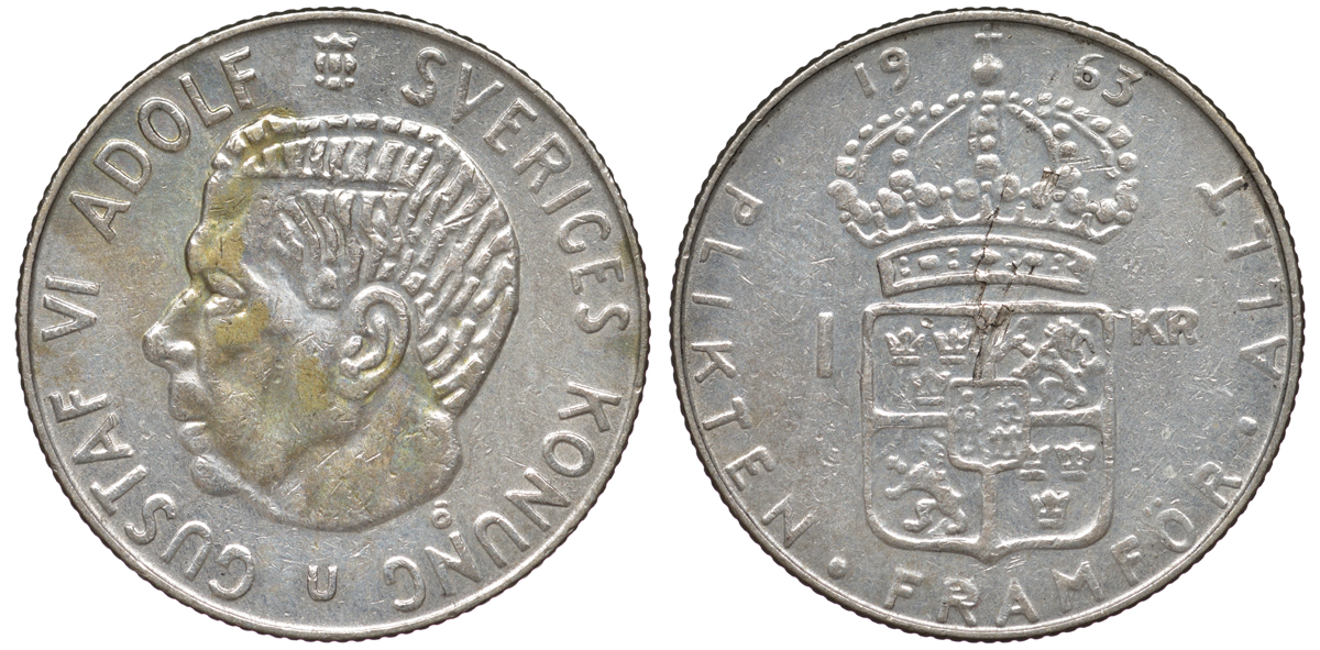 Швеция 1 крона 1963 U, Густав VI Адольф (1950-1973) KM 826 серебро 4178-453