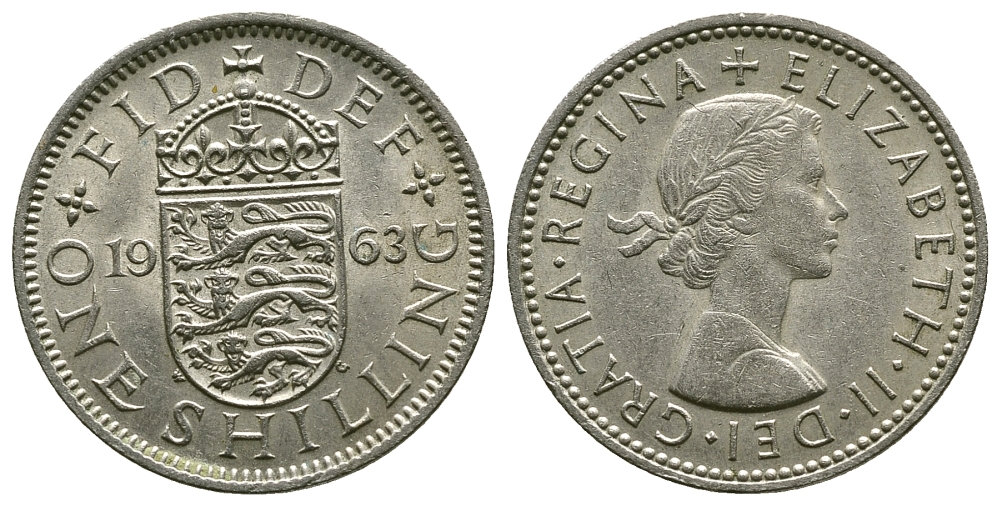 Великобритания 1 шиллинг 1963 Елизавета II (1952-2022), Английский герб KM 904, Spink 4147 медно-никель 4384-517