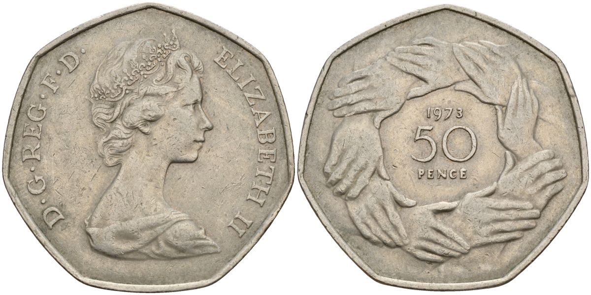 Великобритания 50 пенсов 1973 Елизавета II (1952-2022), вступление в Европейское экономическое сообщество KM 918, Spink 4224 медно-никель 4150-742