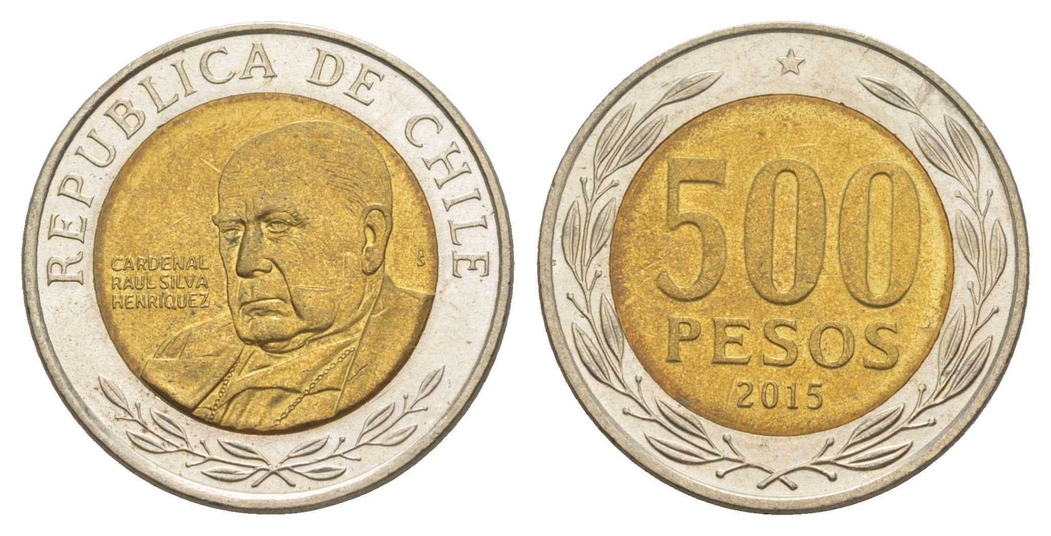 Чили 500 песо 2015 кардинал Рауль Сильва Энрикес (1907-1999) KM 235 биметалл UNC 4641-543