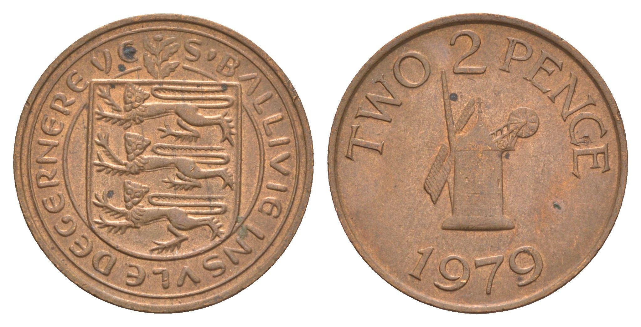 Гернси 2 пенса 1979 Елизавета II (1952-2022), ветряная мельница KM 28 бронза 4656-1113