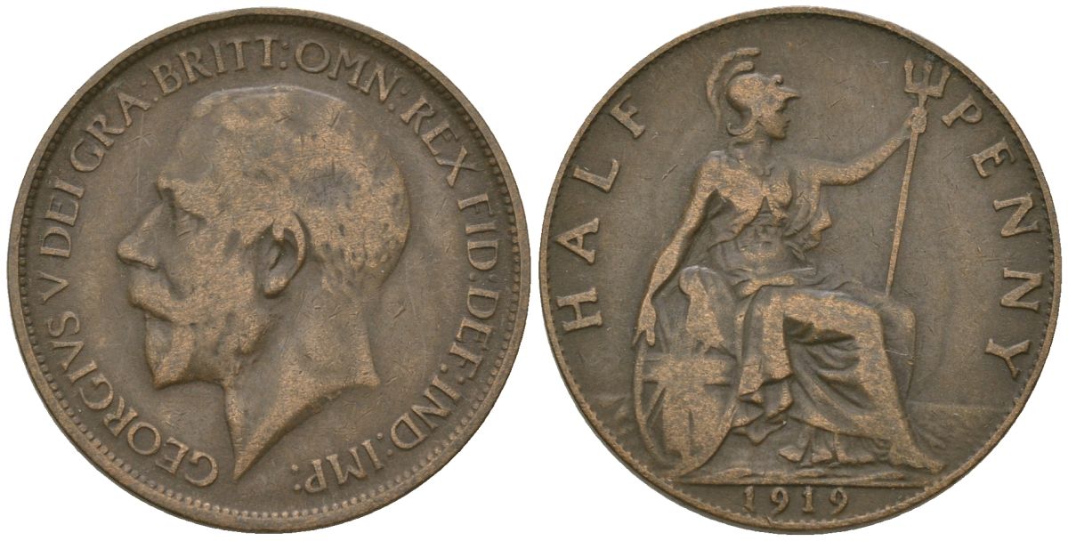 Великобритания 1/2 пенни 1919 Георг V (1910-1936) KM 809, Spink 4056 бронза 4163-941