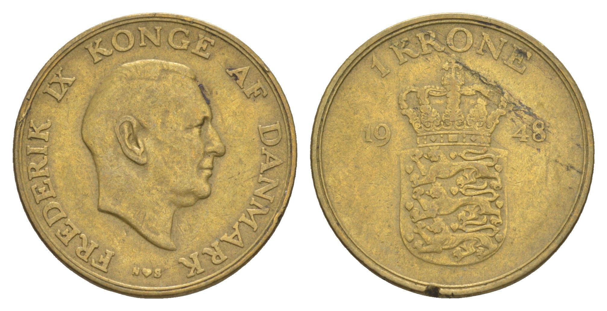 Дания 1 крона 1948 N, Фредерик IX (1947-1972) KM 837 алюминиевая бронза 4638-714