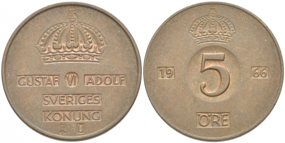 Швеция 5 эре 1966 U, Густав VI Адольф (1950-1973) КМ 822 бронза 77-534