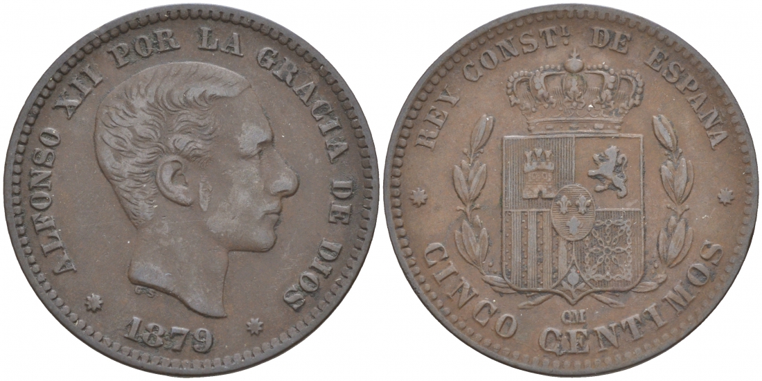 ИСПАНИЯ 5 СЕНТИМО 1879 ОМ, АЛЬФОНСО XII KM 674 бронза 186-122