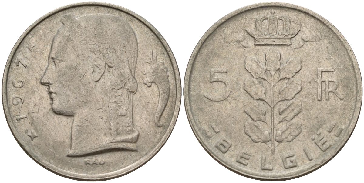 Бельгия 5 франков 1967 Belgie KM 135 медно-никель 4150-815