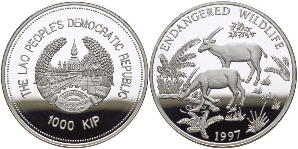 Лаос 1000 кипов 1997 серия защита природы, длиннорогая саола KM 67 серебро PROOF 00-00