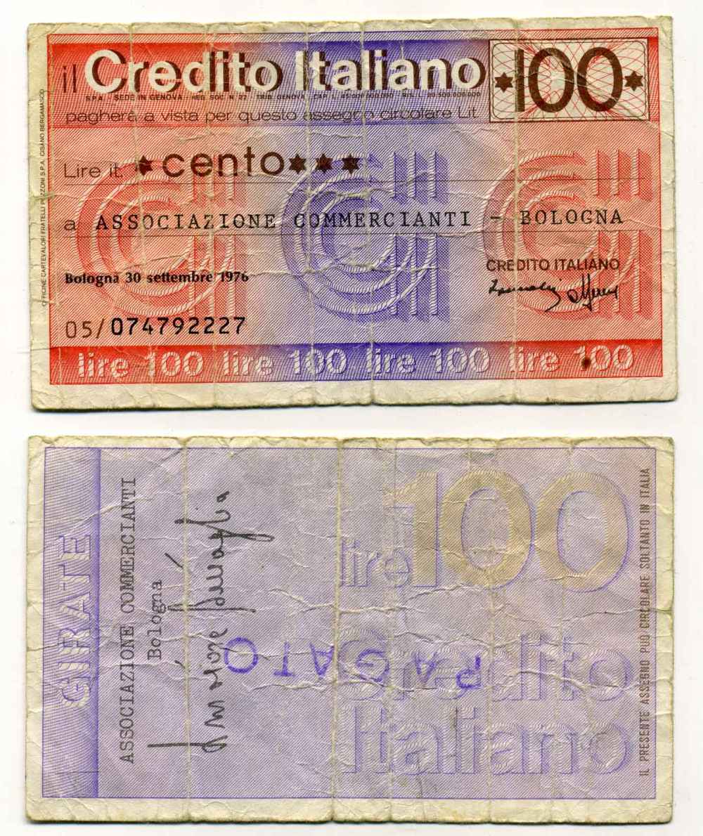 Италия чек на 100 лир 1976 credito Italiano, ассоциация торговцев bologna, 30 сентября 1976 бумага 8588-14-2-2