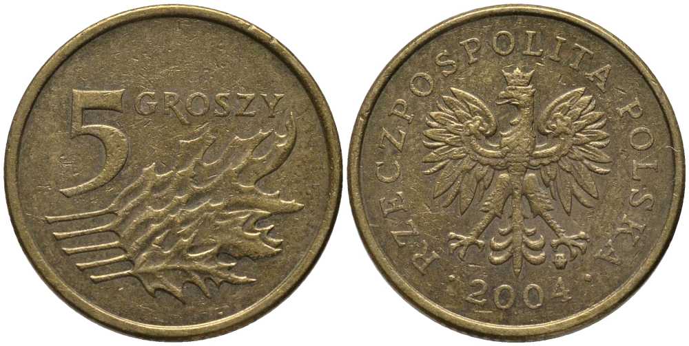 Польша 5 грошей 2004 MW KM 278, Parchimowicz 703k латунь 201-432