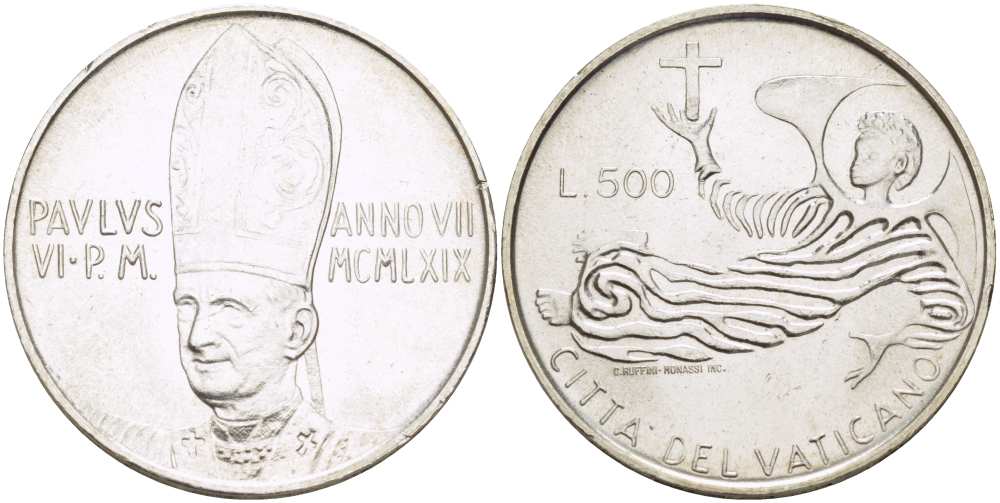 Ватикан 500 лир 1969 VII год, Павел VI (1963-1978), стилизованный ангел в полете KM 115 серебро 4512-824
