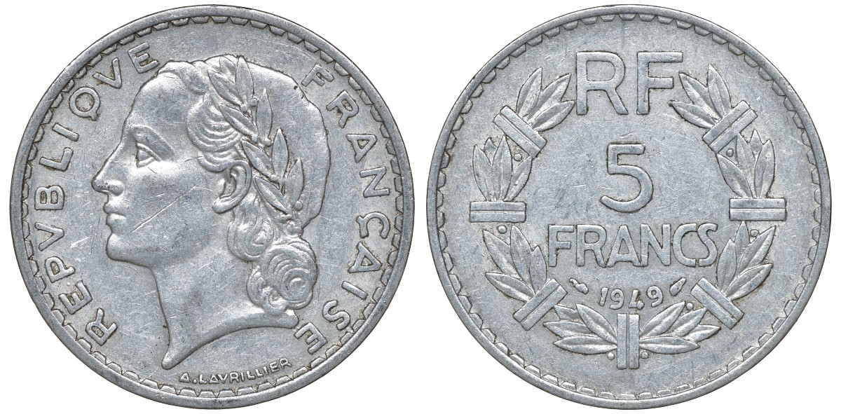 Франция 5 франков 1949 KM 888b.1, Le Franc 339.17 алюминий 4162-233