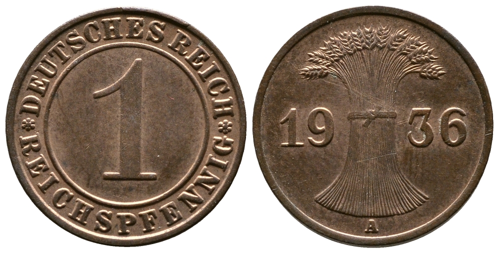 Германия 1 рейхспфенниг 1936 A KM 37, J. 313 бронза 220-155