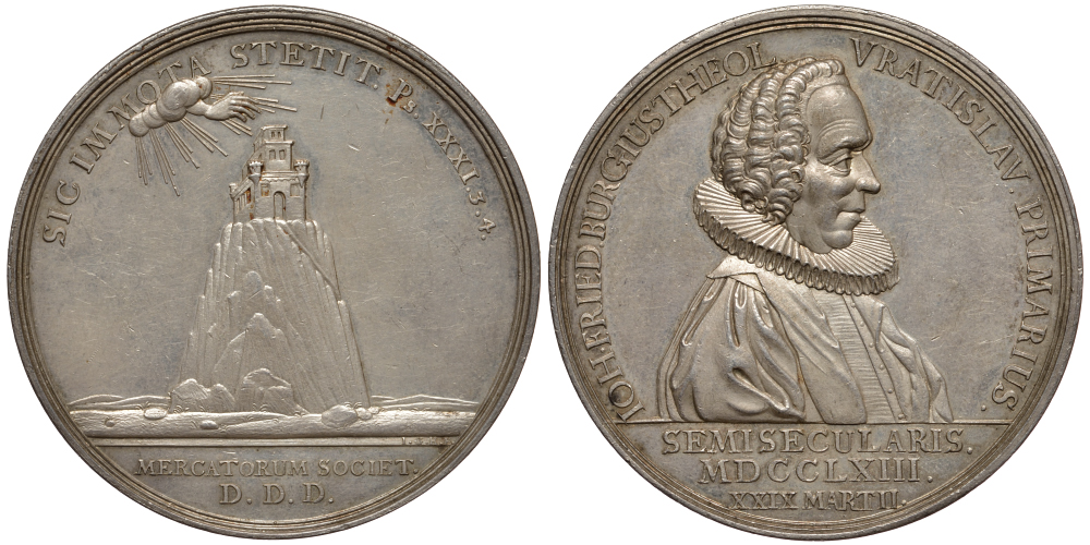 Бреслау медаль 1763 на 50 лет пребывания пастора Иоганна Фридриха Бурга в должности, девиз - так бессмертен стоял, диаметр 56,4 мм, вес 59,05 гр серебро UNC 10-003-09