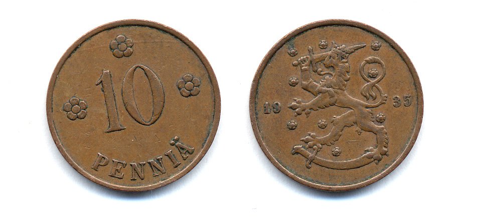 Финляндия 10 пенни 1935 республика (1918-1962) KM 24 медь 51-5443